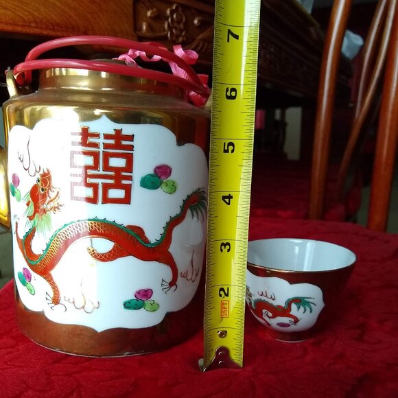 Vintage Chinese porcelain tea pot cups set dragon phoenix double happiness - Picture 12 of 13